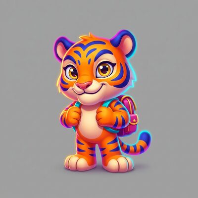 Raja — a bold graphic tiger cub mascot character with orange and ultramarine stripes